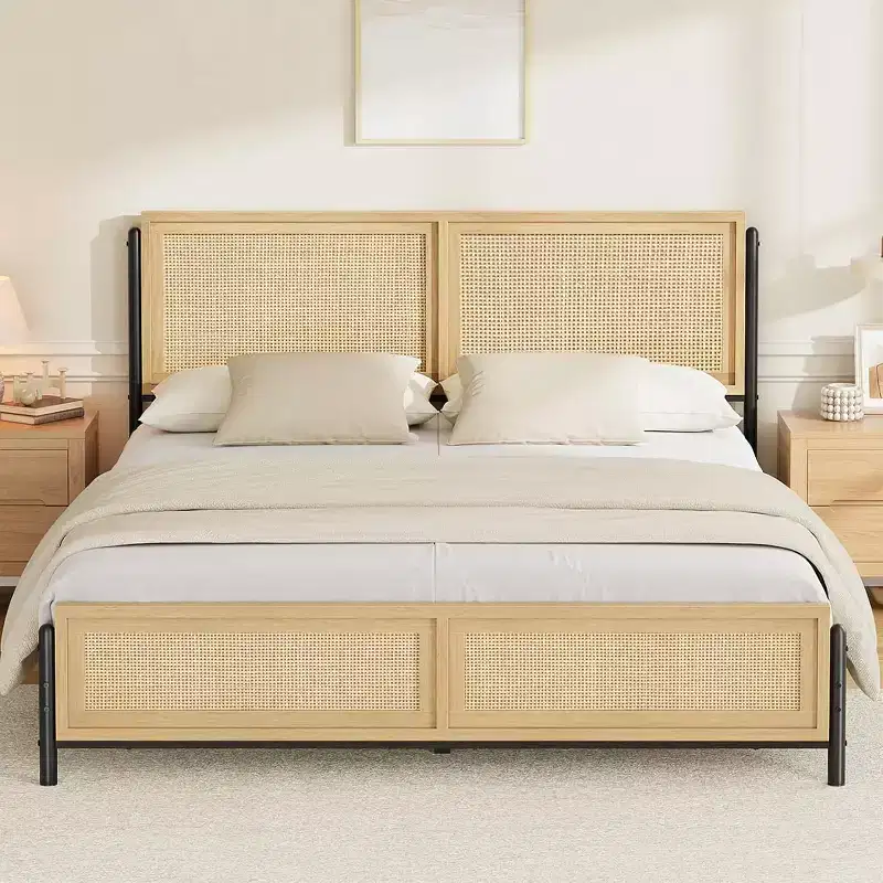 Acekool Boho Rattan Bed Frame Natural Wood Platform with Headboard Storage for Bedroom