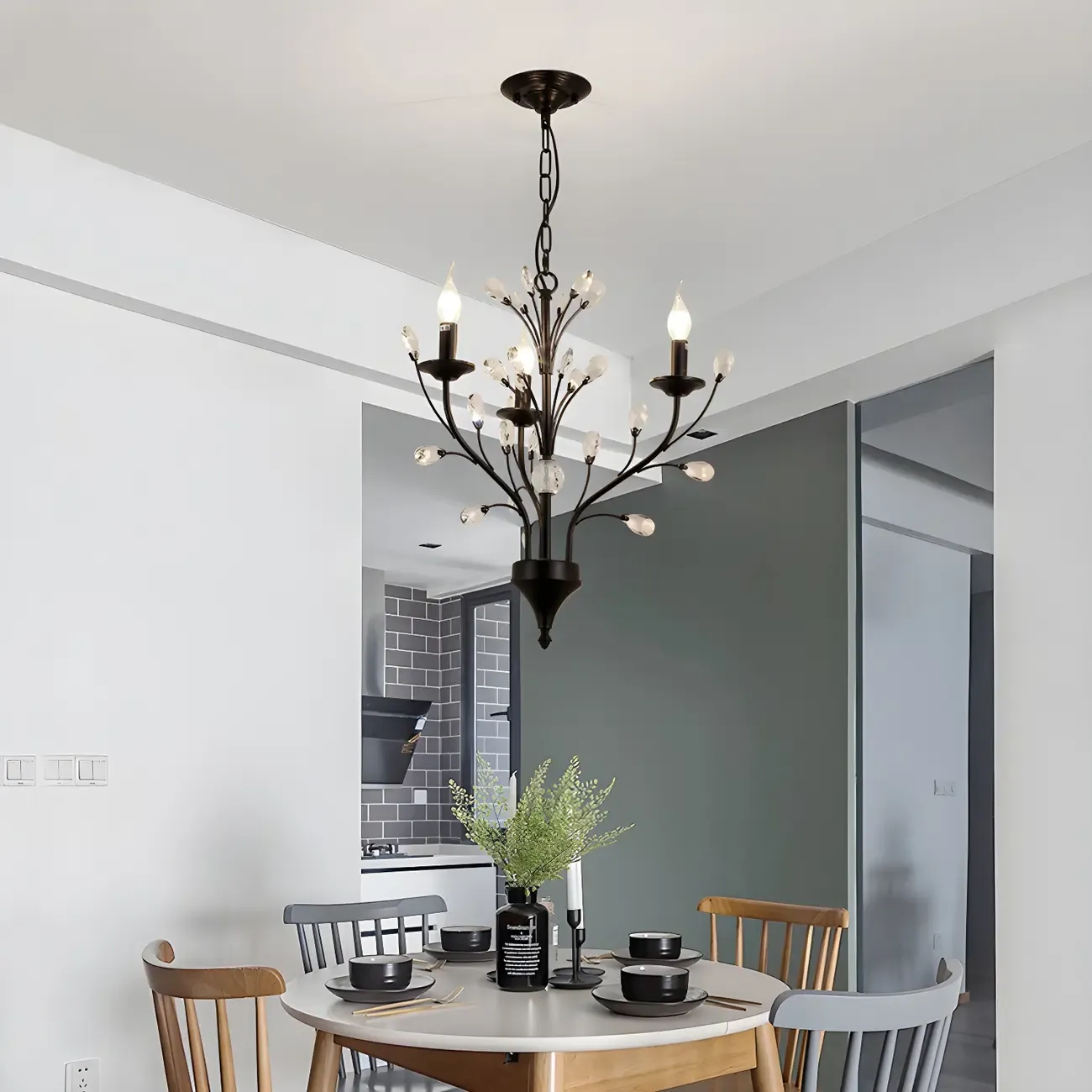 Modern Elegant Black Branch Crystal Candelabra Chandelier