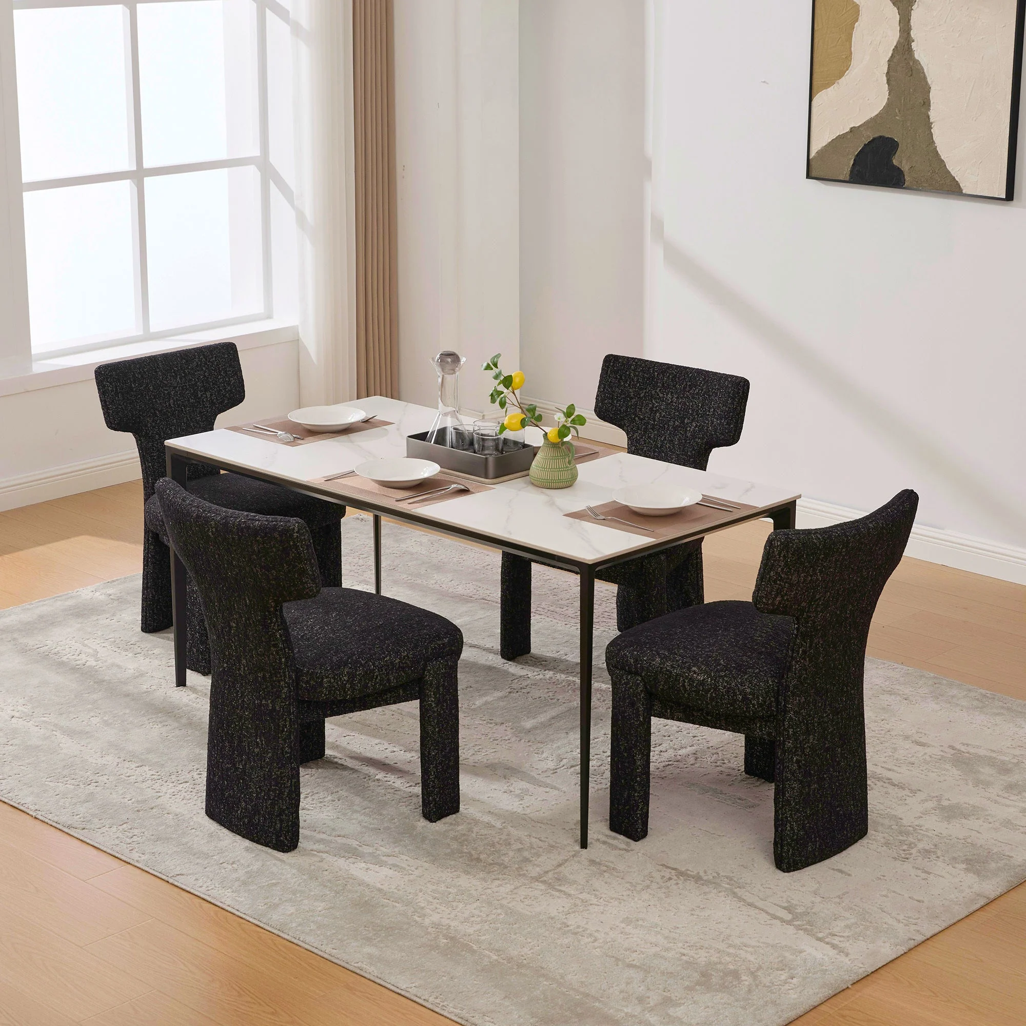 Curve Design Wide Modern Upholstered Chenille Dining Chair Set of 4