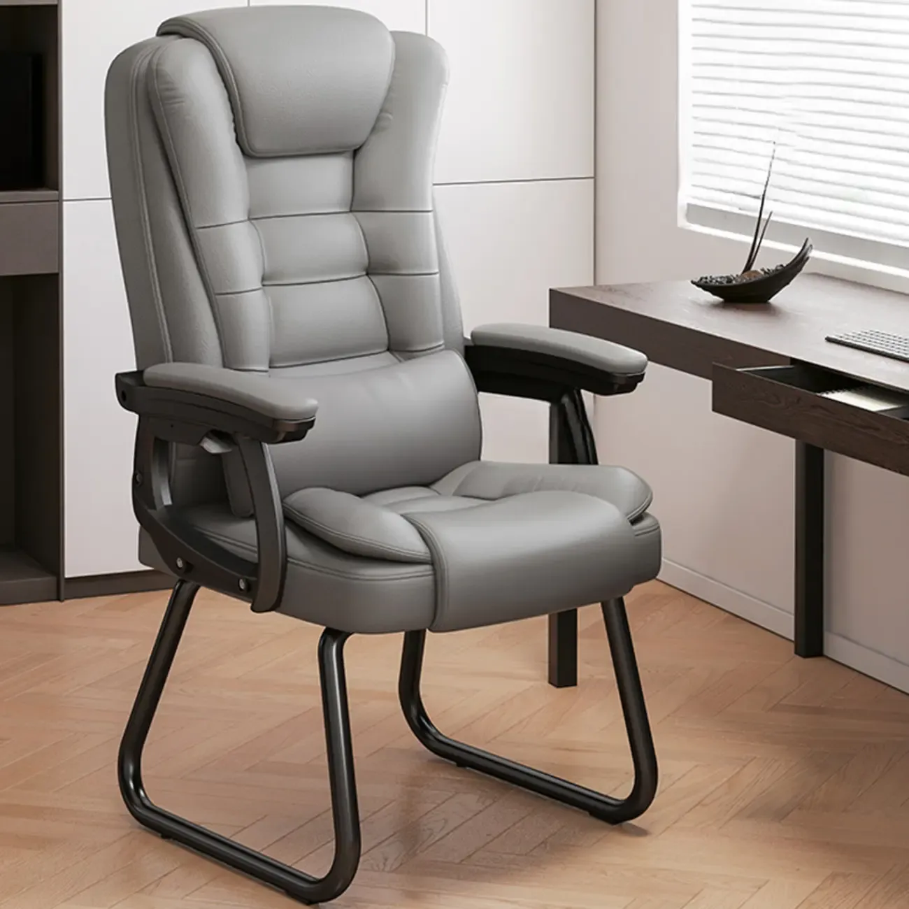 Luxurious Ink Leather Steel Reclining Office Chair