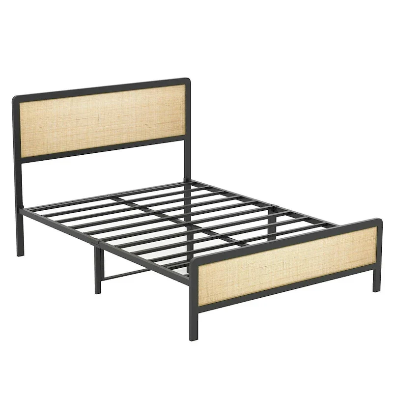 Bed Frame with Rattan Headboard, No Box Spring Needed