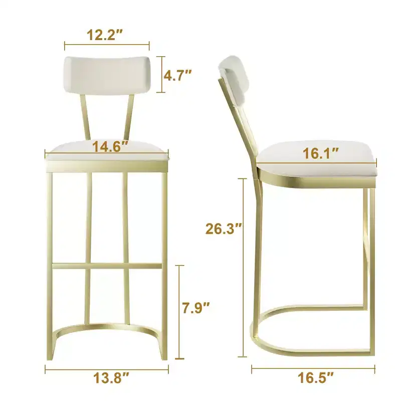 Bar Stools Set of 4, High Back Counter Height Bar Stools with White Velvet Upholstery & Gold Metal Legs, Soft Padded Kitchen Island Stools, Bar Chairs