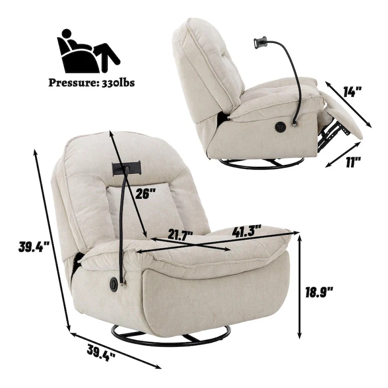 Clihome Adjustable Swivel Chenille Recliner with Phone Holder
