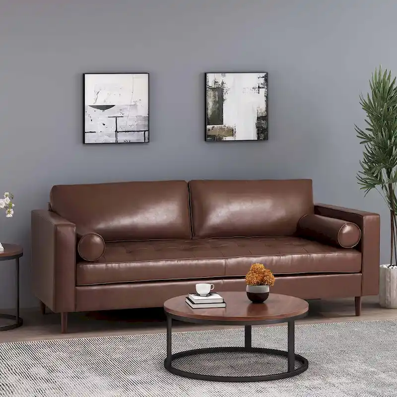 Modern 82.25 Faux Leather 3-Seater Sofa with Wood Legs
