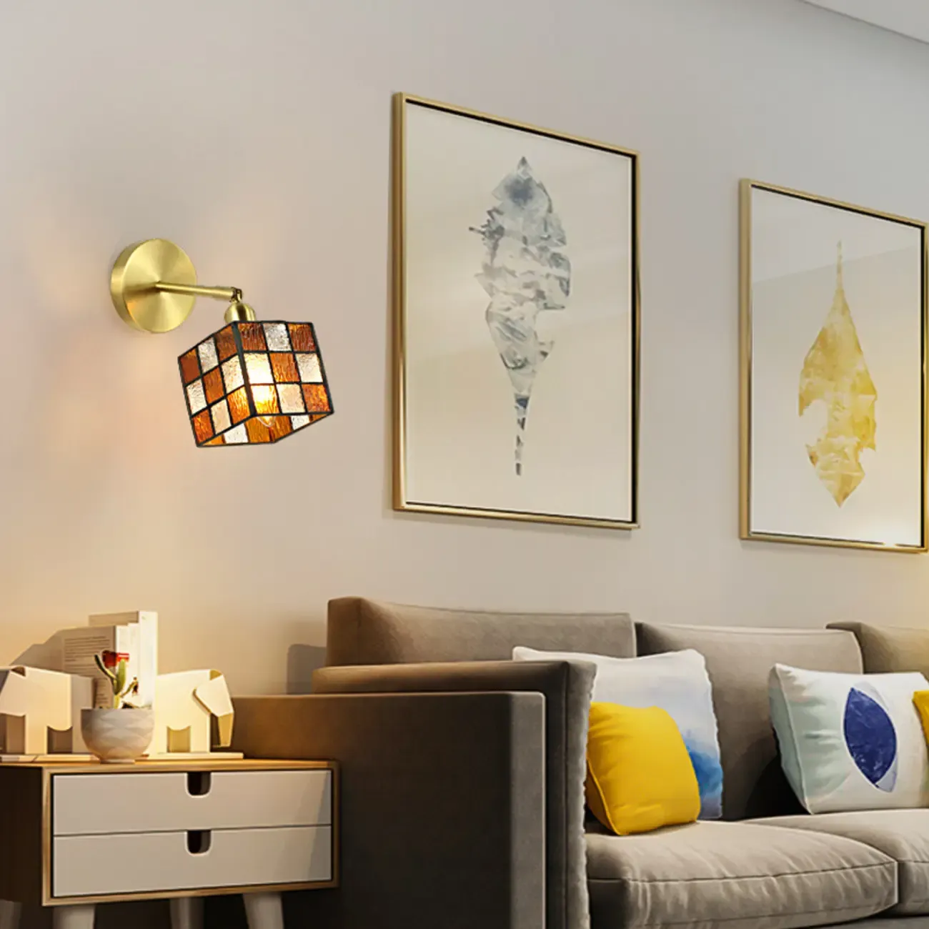 Vintage Brass Colorful Cube Shade Wall Sconce