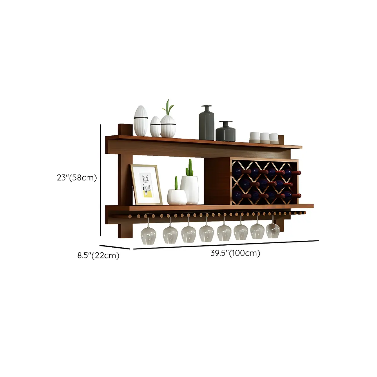 Pine Wooden Wall-Mounted Display Open Wine Bottle & Glass Rack