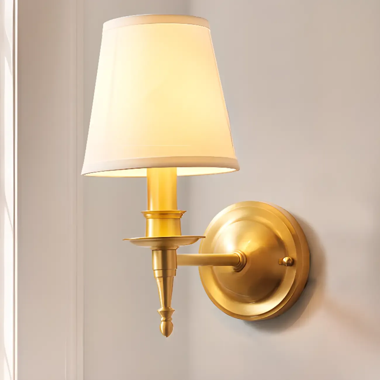 Traditional White Fabric Shade Golden Wall Sconce