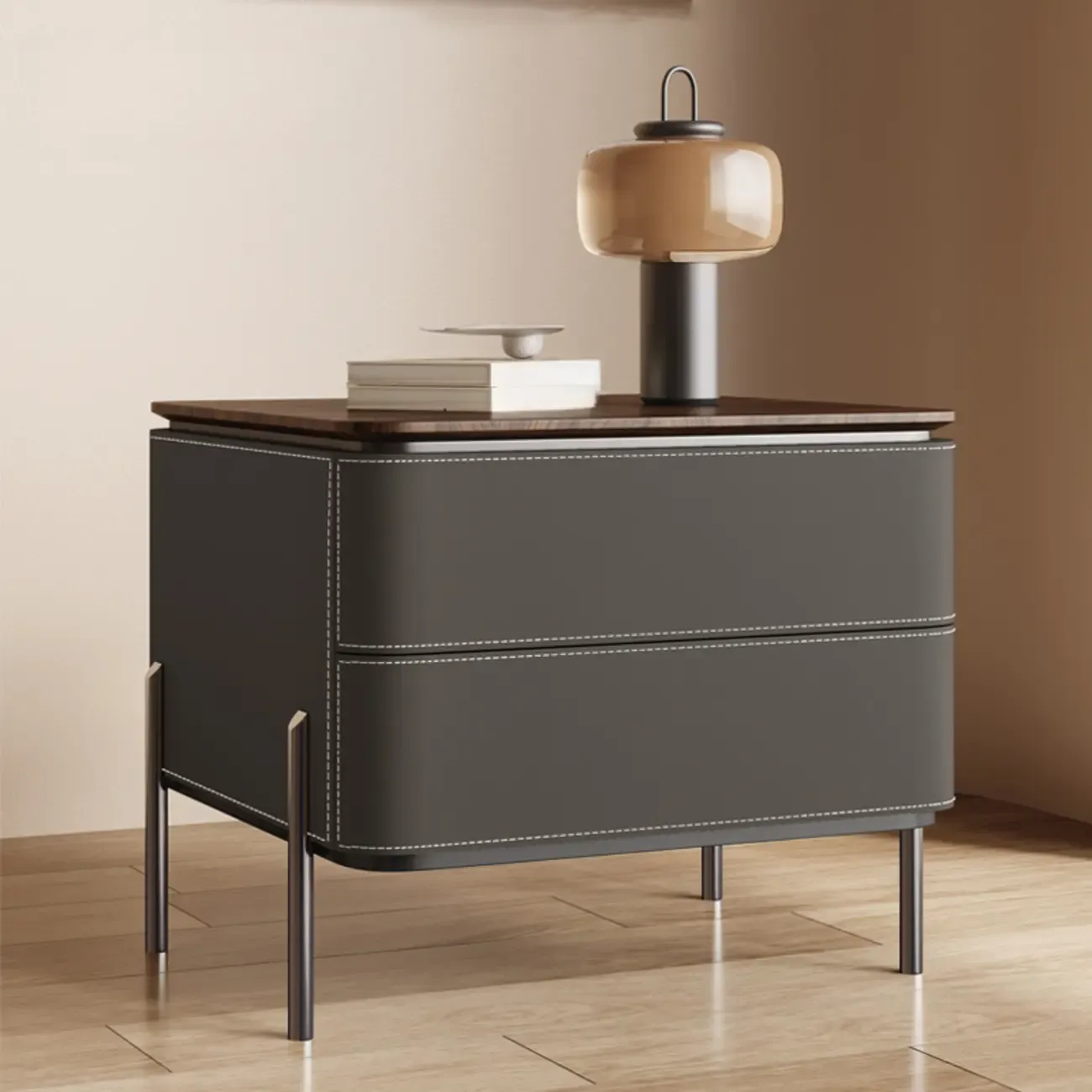 Modern Wood Top Leather Drawer Nightstand Including Metal Legs