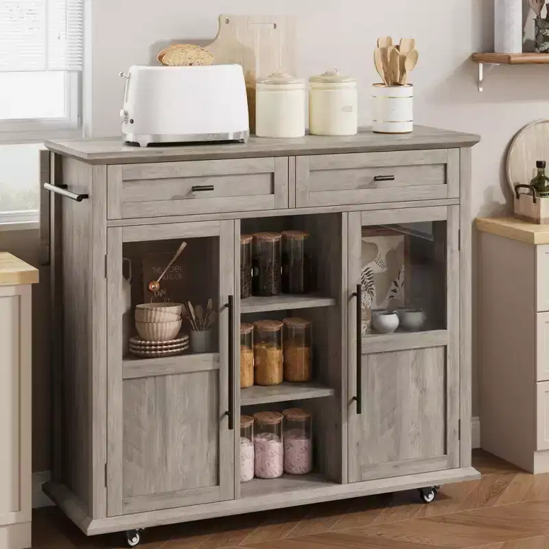 Black / Grey / White Rolling Kitchen Island Cart with Drop Leaf Top, 2 Glass Doors & Storage — For 1 Person