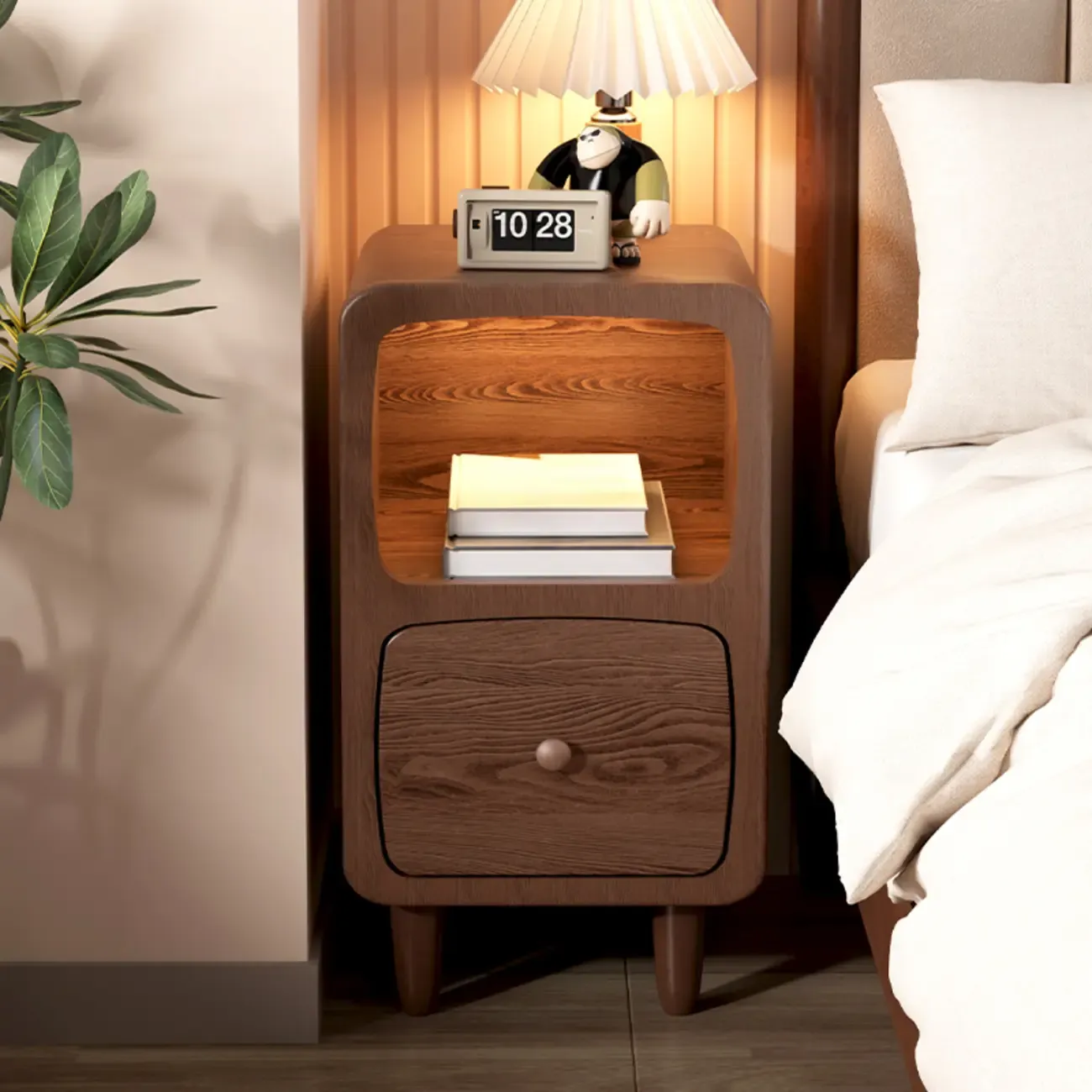 Modern Wood Small Nightstand Open Shelf and Drawer
