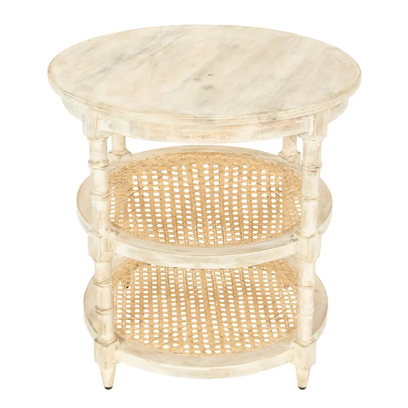 Round Mango Wood Table with 2 Cane Shelves