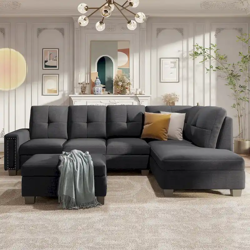 Grey 105.2 Reversible L-Shaped 6-Seater Sectional Sofa with Storage Ottoman and Cup Holders, Space-Saving Linen Design