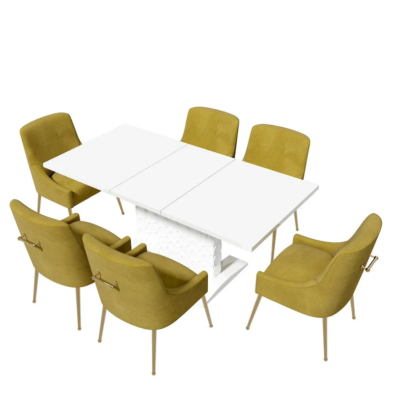 7-Piece Clihome High-gloss Extendable Table Velvet Chair Dining Set