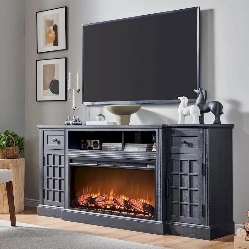 Black/Brown/White Farmhouse Electric Fireplace TV Stand, Fits 80