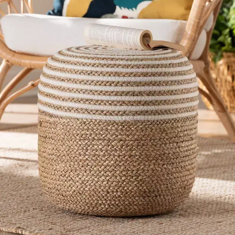 bali & pari Nequiel Seagrass and Woven Rope Ottoman Footstool White/Natural Brown: Cotton Upholstery, No Assembly Required