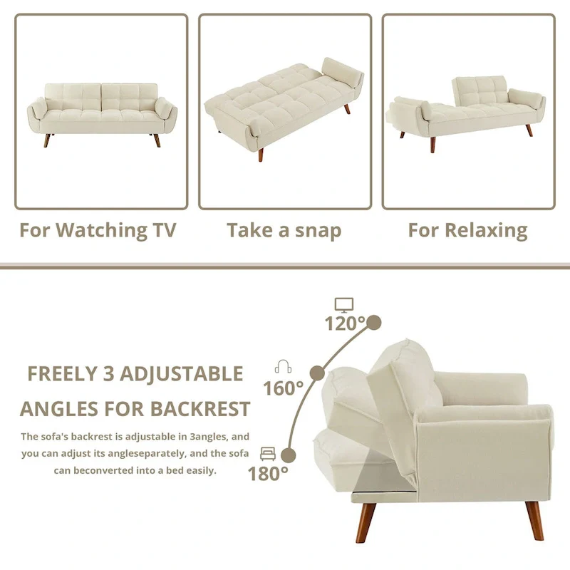 Futon Sofa Bed, Convertible Folding Futon Couch Recliner Lounge For Living Room With 2 Pillow/Armrest