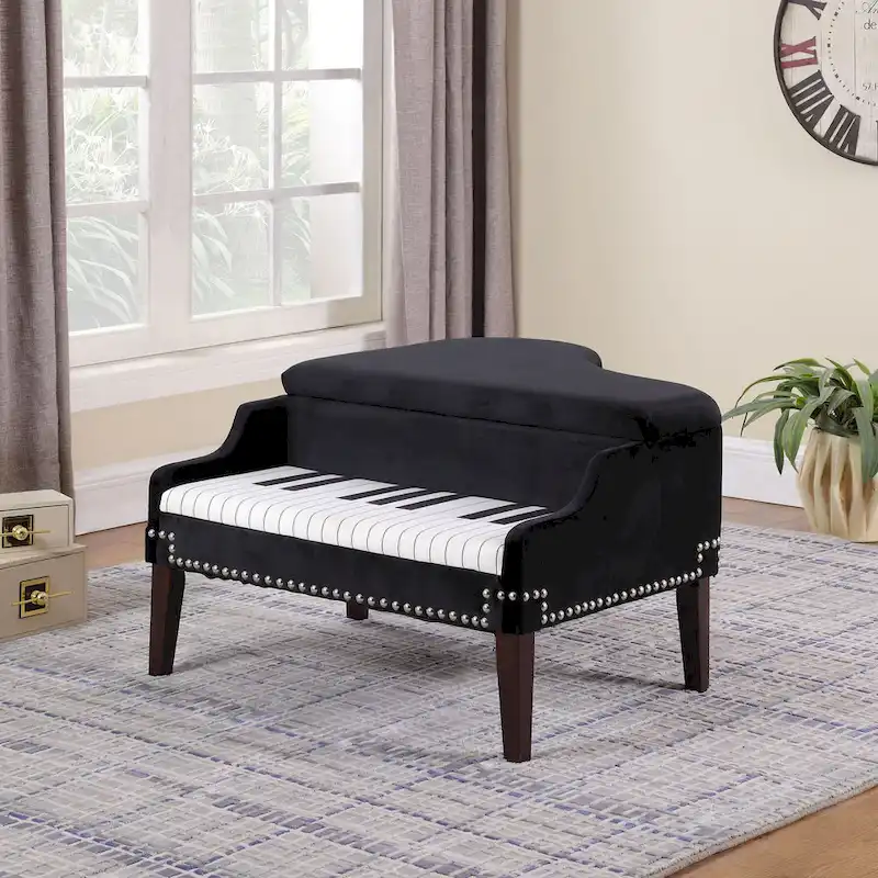 21 In. Beige Piano Upholstered Nailhead Living Room Ottoman