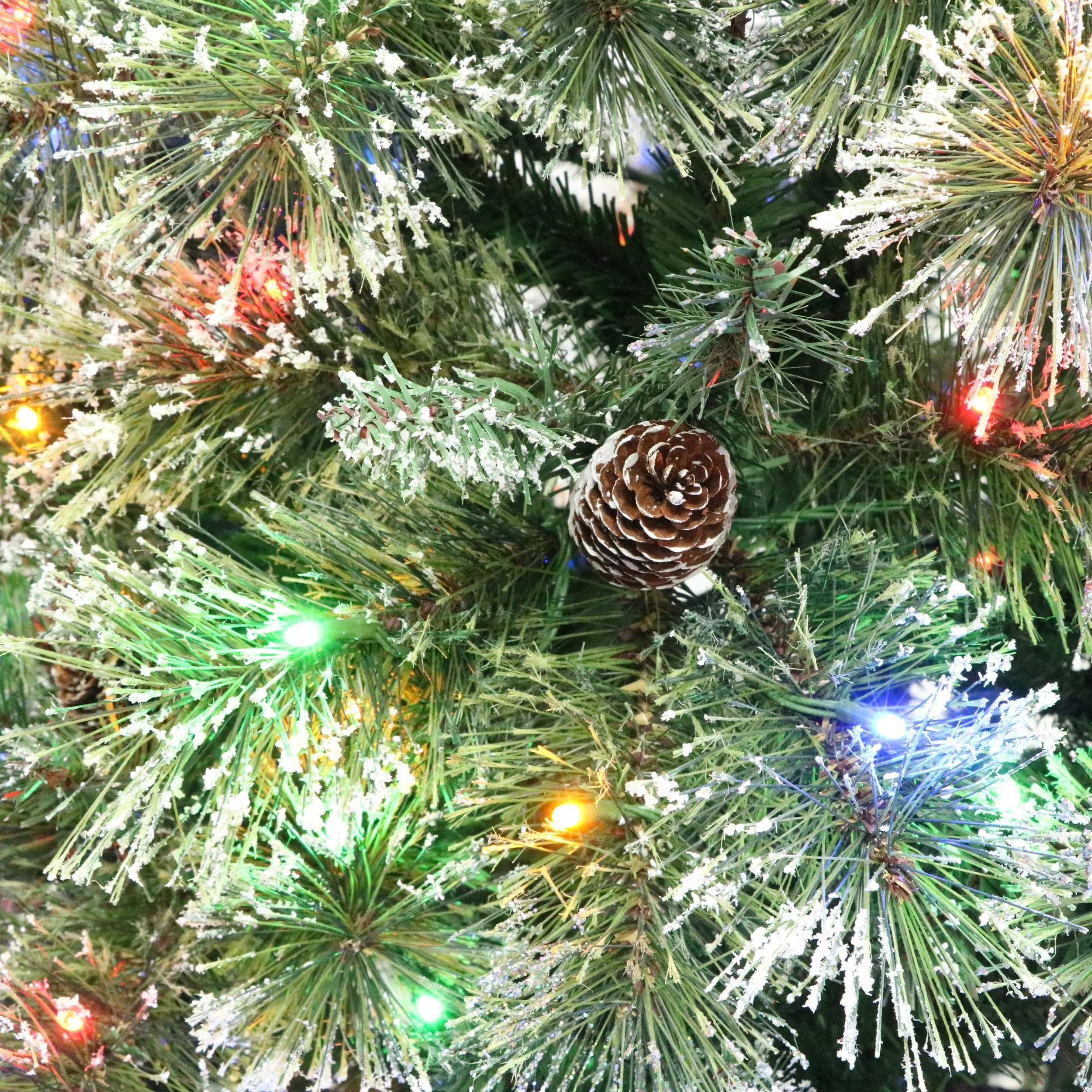 Cashmere Pine and Mixed Needles Pre-Lit Clear LED Hinged Artificial Christmas Tree with Snow and Glitter Branches and Frosted Pinecones - NH812513