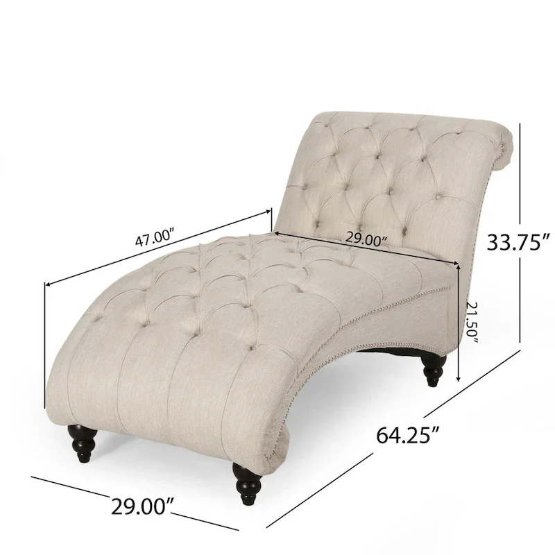 Curb Chaise Lounger, 64 Inch, Button Tufted Diamond Stitch, Beige Fabric