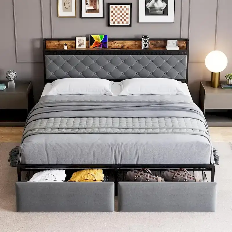Bed Frame with Storage Headboard and 2 Drawers