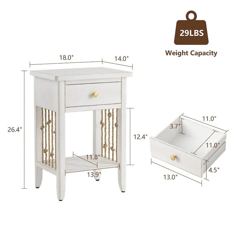 Distressed White End Table with Drawer - 14D x 18W x 26.4H