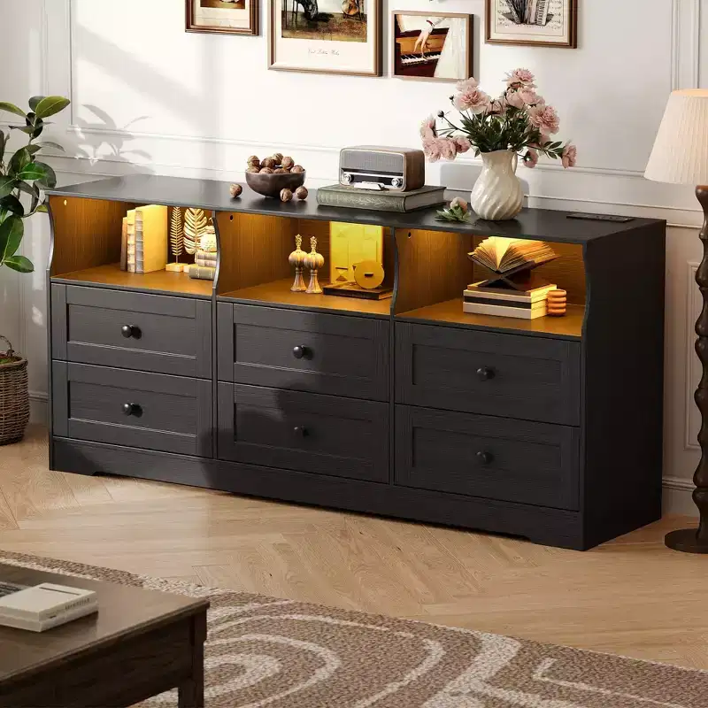 6-Drawer Dresser with RGB Lights & Power Outlet, Black / Gray / White