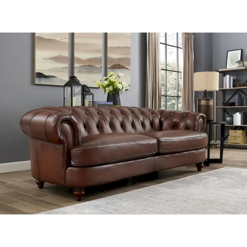 Hydeline Newport Top Grain Chesterfield Leather Sofa with Feather, Memory Foam and Springs