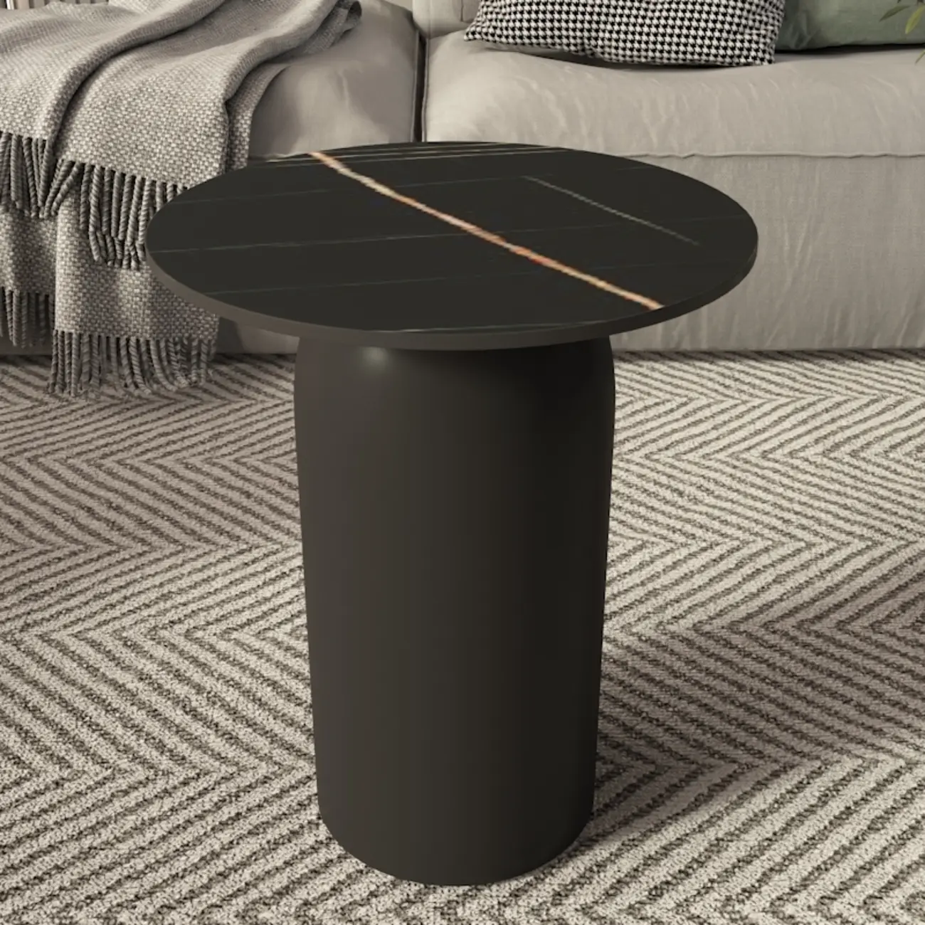 White Minimalist Round Coffee Table with Stone Top