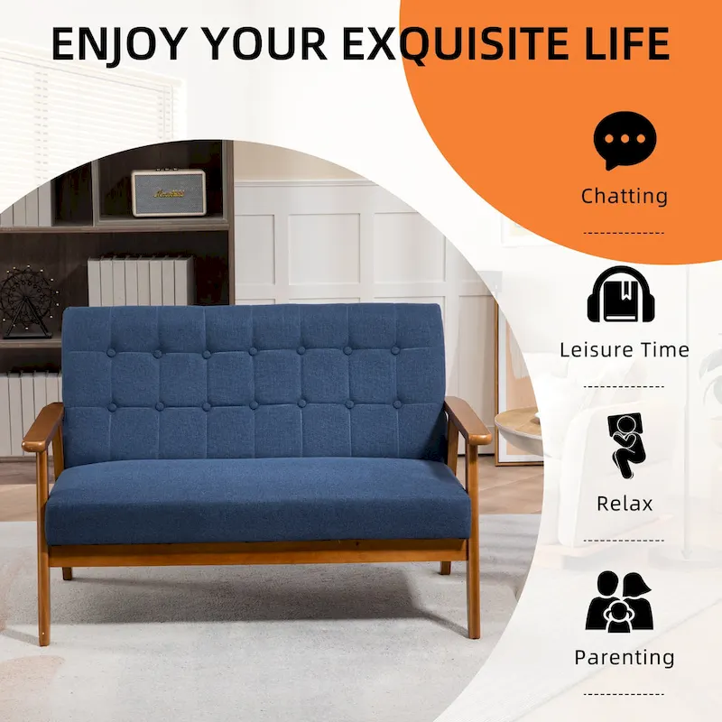 Mid-Century Linen/PU Upholstered Wood Frame Tufted Loveseat Sofa