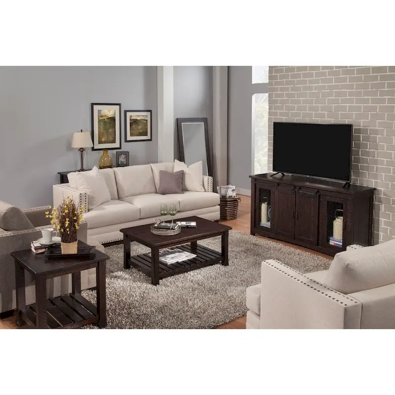 Farmhouse Coffee Table with Bottom Shelf, Grey/Espresso/White/Black/Honey, Pine Wood