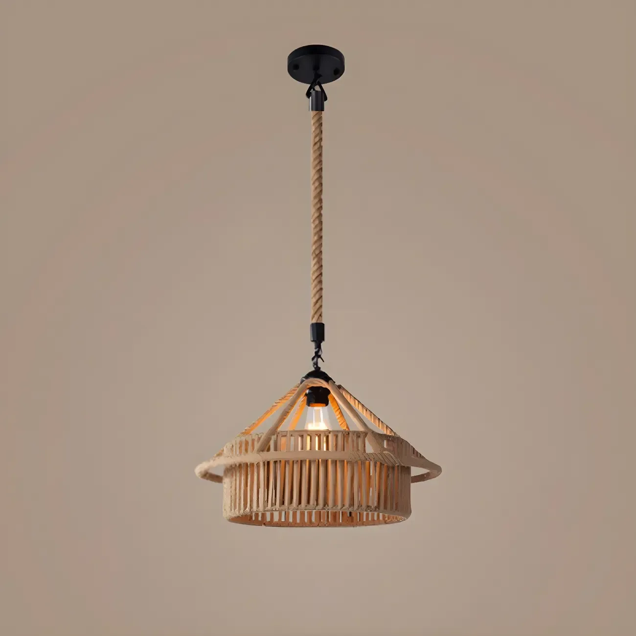 Industrial Rattan Black Metal Hemp Rope Pendant Light