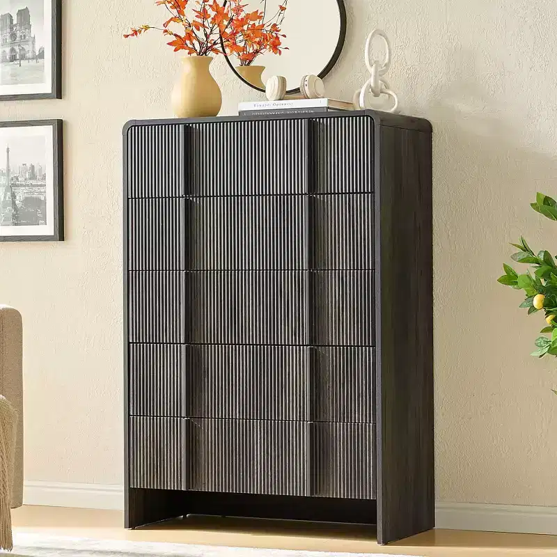 AMERLIFE Fluted Modern Chest Dresser with Pine Handles, Rounded Corners & Anti-Tip, 48 Tall Wood Storage Organizer for Living Room