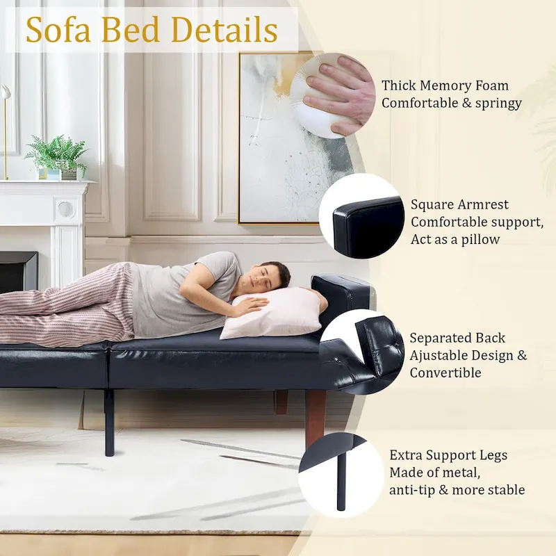 68 in. Soft Convertible Sofa Bed with Adjustable Backrest and Solid Wood Legs
