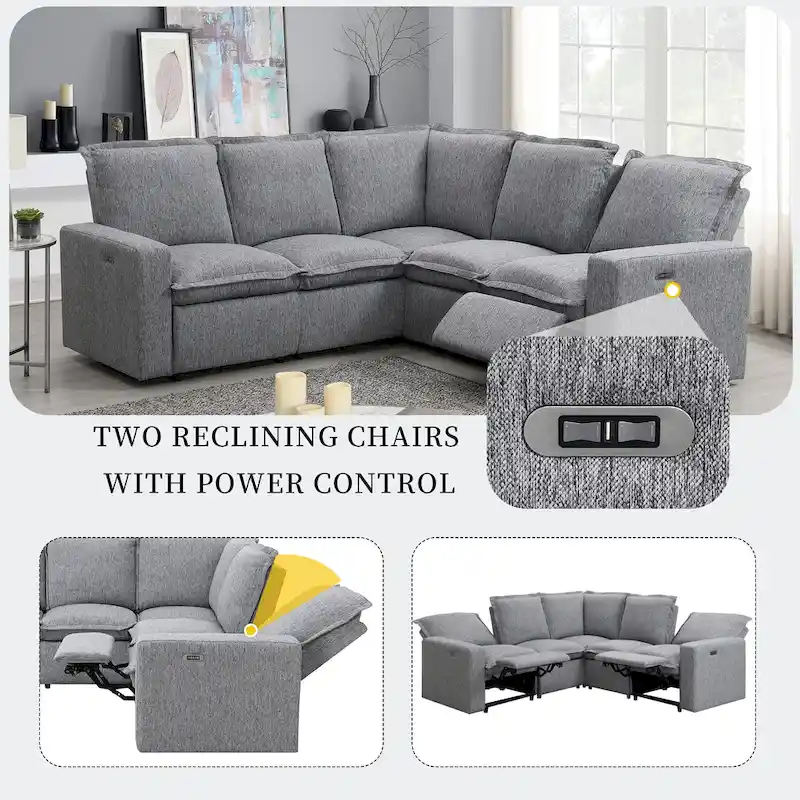 Grey Linen L-Shaped Sectional Sofa with Power Recliners & USB