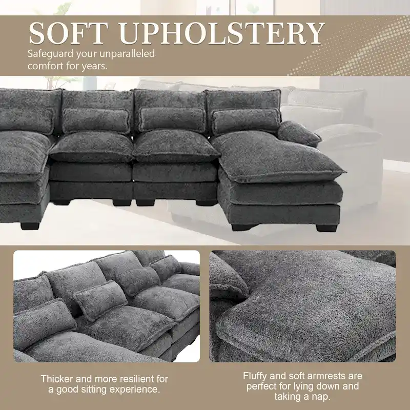 Chenille Upholstered U-Shaped Living Room Sectional Sofa With Wooden Legs