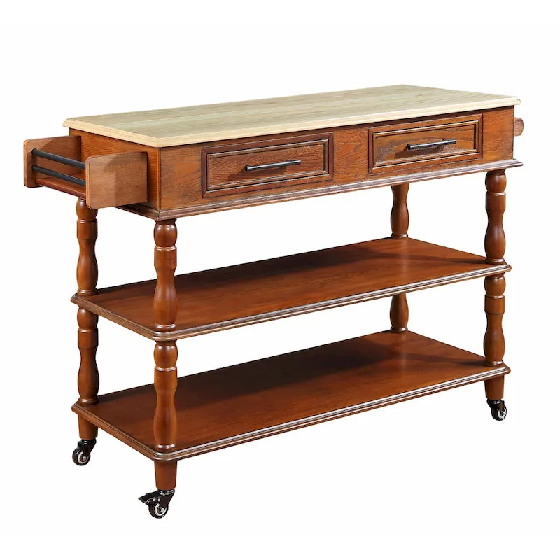 Rolling Kitchen Island Cart with Solid Oak Wood Top, Wine and Spice Rack