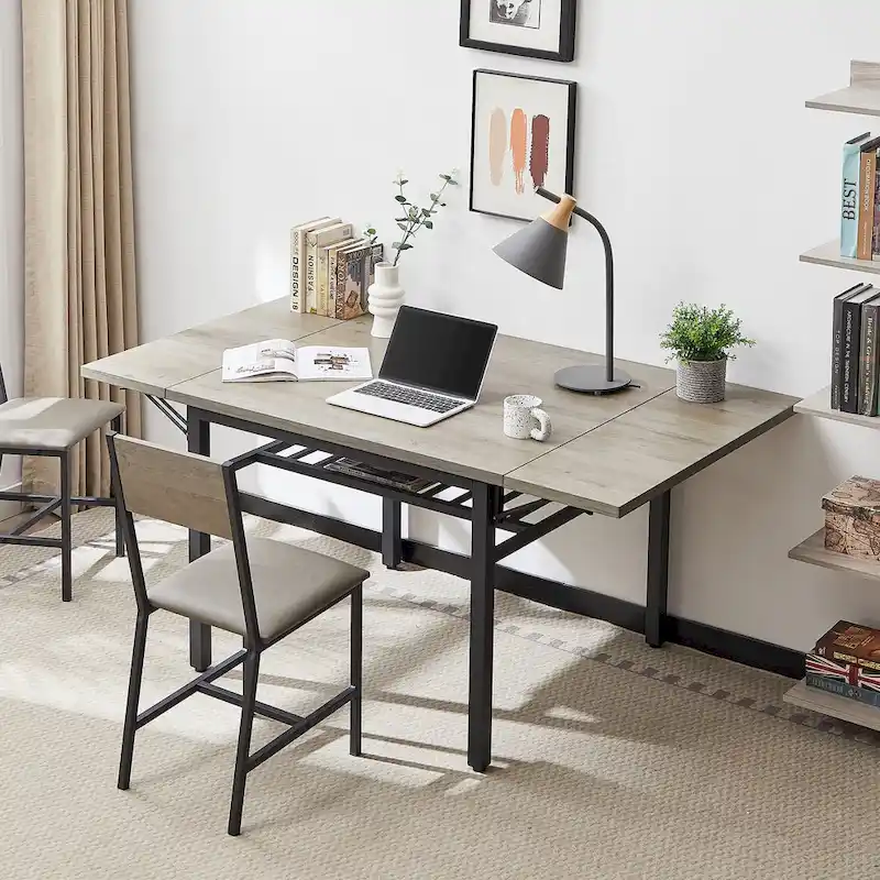 Modern Industrial 63.2 Extendable Dining Table w/Drop Leaf, Seats 6