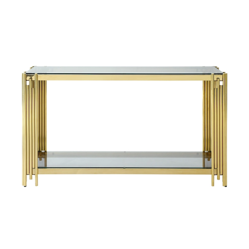 Narrow 2-tier Console Table with Gold Finished Metal Frame and Tempered Glass Top