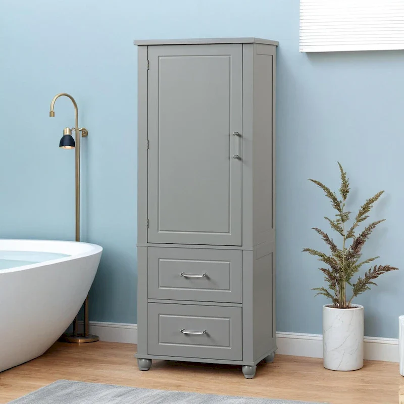 Tall Bathroom Storage Cabinet, Freestanding Storage Cabinet with Two Drawers and Adjustable Shelf, MDF Board with Painted Finish