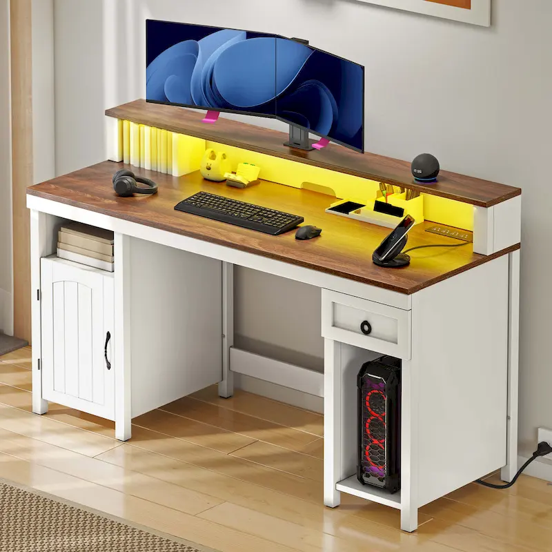 Farmhouse Wood Office Desk with Drawer and LED Strip & Power Outlets