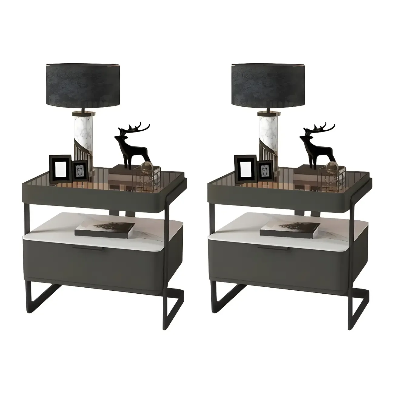 Modern Wood Nightstand with Glass Countertop and Drawer