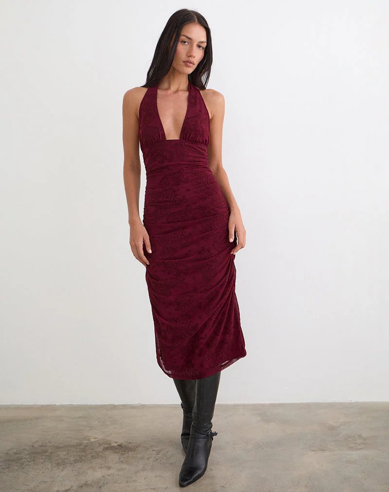 Kamau Dress in Flock Compact Paisley Wine