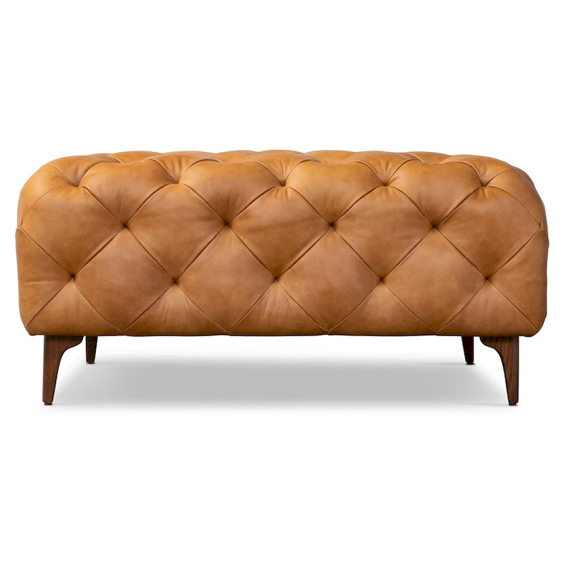 Poly & Bark Turin Ottoman in Cognac Tan with Wood Legs - Full Grain Genuine Italian Leather