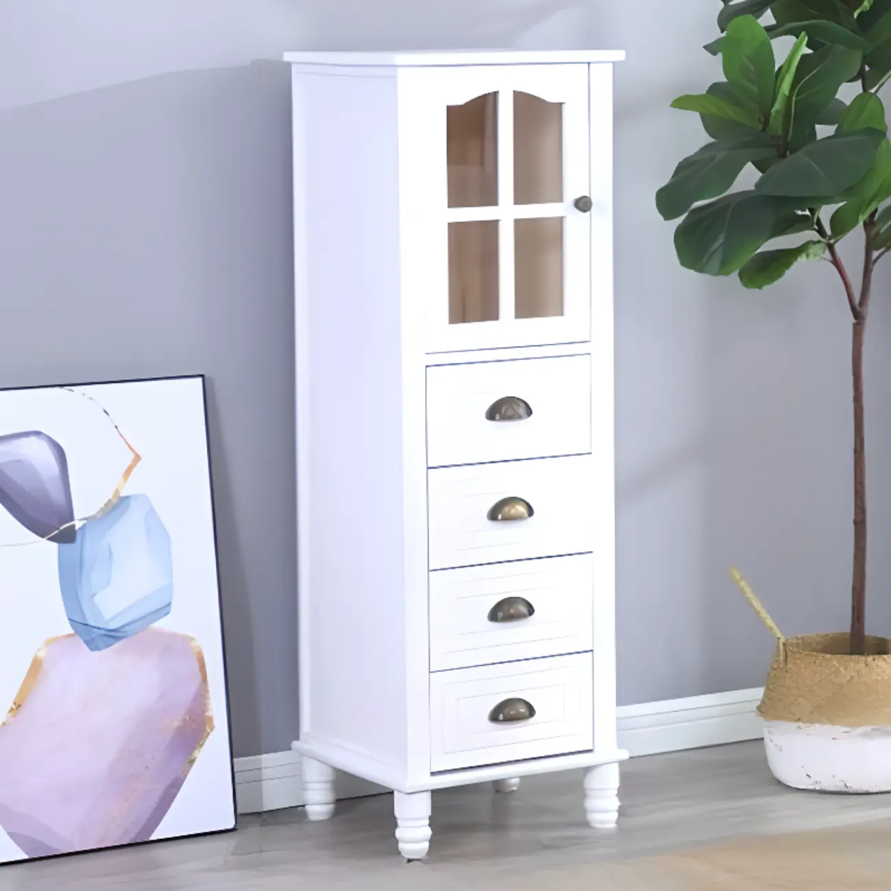 Freestanding Solid Wood White Cabinet with Drawers