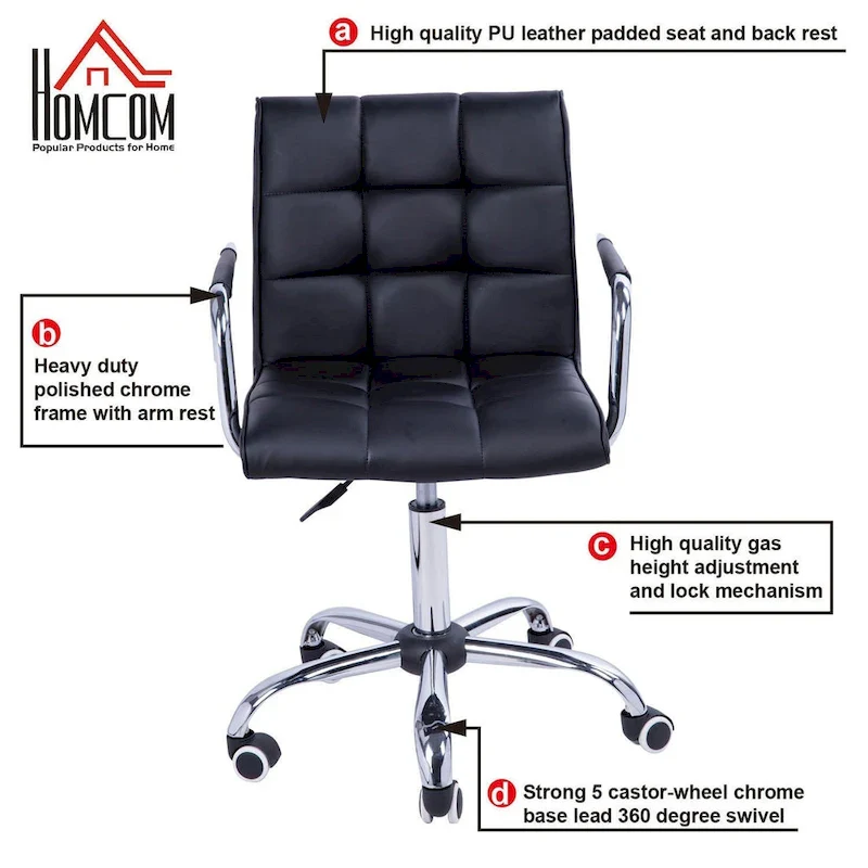 HOMCOM Modern Computer Desk Office Chair with Upholstered PU Leather, Adjustable Heights, Swivel 360 Wheels, Black