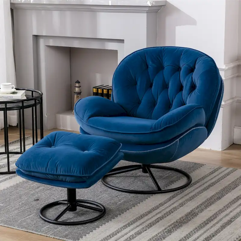 Blue Modern 31.73 Upholstered Swivel Buttons Tufted Accent Chair with Ottoman and Black Metal Legs