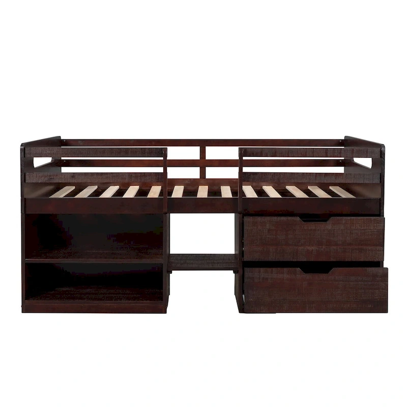 Solid Wood Twin Size Loft Bed with Dual Shelves and Two Drawers for Storage
