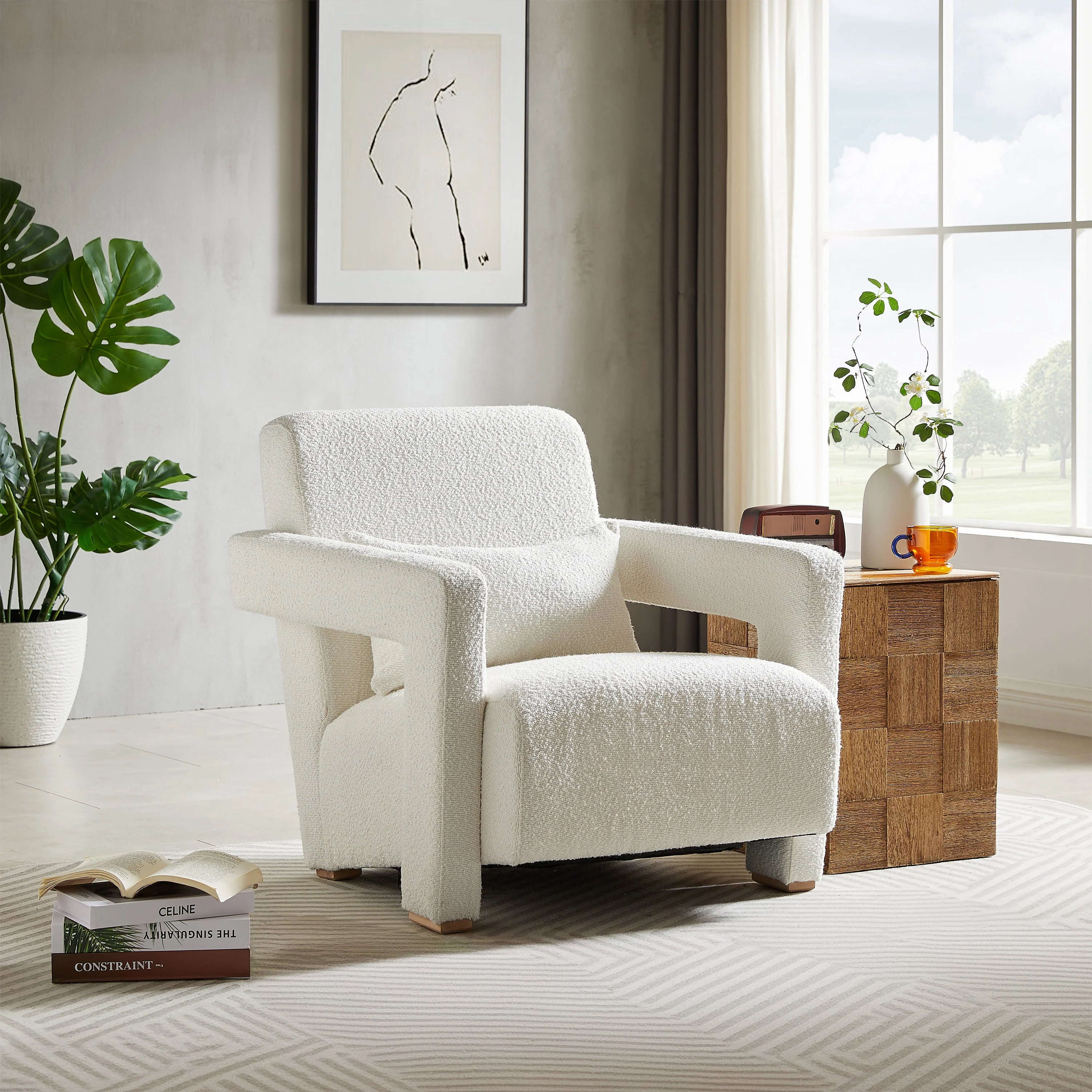 Modern Accent Lounge Chair with Wooden Block Legs and Armrests