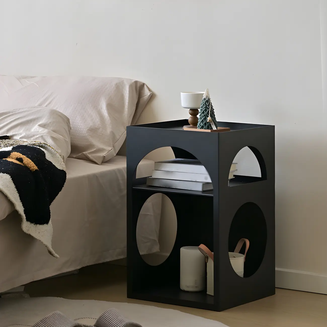 Narrow Cream Yellow Metal Arched Open Storage Nightstand