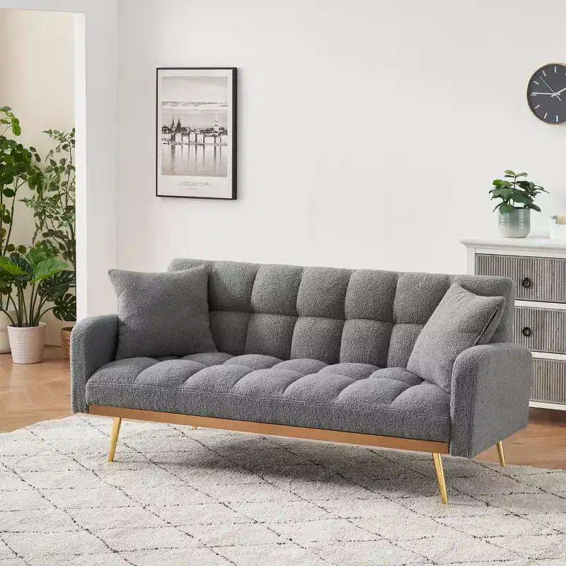 GDFStudio Smin Modern 69 Wooden Teddy Upholstered Sofa Bed with Adjustable Backrest
